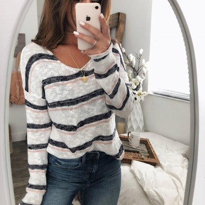 Striped knit v-neck bat sleeve long sleeve sweater - Thumbnail 3