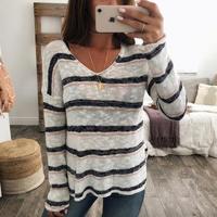 Striped Knit V-Neck Bat Sleeve Long Sleeve Sweater - Thumbnail 1