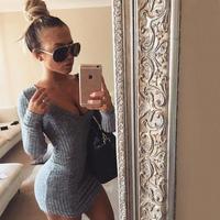 V-Neck Long-Sleeved Package Hip Dress - Thumbnail 1