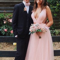 Simple Long Deep V Neck Prom Dresses for Women - Thumbnail 1