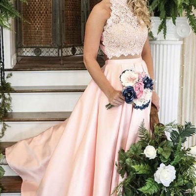 Two piece high neck prom dresses with appliques lace beaded - Thumbnail 4