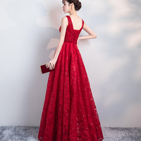 Burgundy v sequins long prom dress, shining evening dress - Thumbnail 4