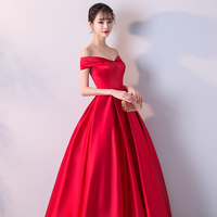 Red v neck satin off shoulder long prom dress, evening dress - Thumbnail 1