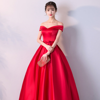 Red v neck satin off shoulder long prom dress, evening dress - Thumbnail 2