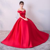 Red v neck satin off shoulder long prom dress, evening dress - Thumbnail 3