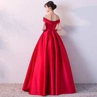 Red v neck satin off shoulder long prom dress, evening dress - Thumbnail 4
