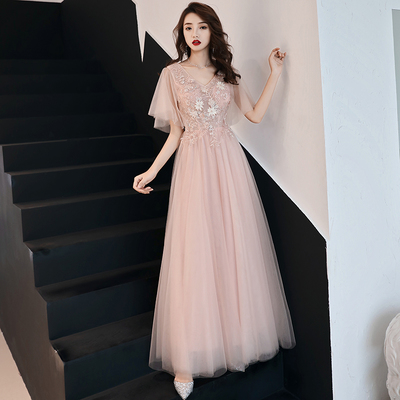 Pink v neck tulle lace long prom dress, evening dress