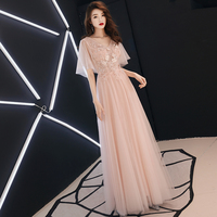 Pink v neck tulle lace long prom dress, evening dress - Thumbnail 1