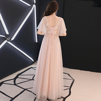 Pink v neck tulle lace long prom dress, evening dress - Thumbnail 4