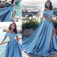 Off the Shoulder Satin Blue Long Prom Dresses, Split Long Prom Gowns - Thumbnail 1