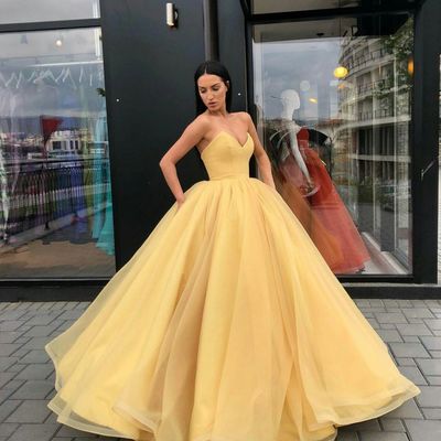 Ball gown yellow tulle satin long prom dresses, v neck princess dresses - Thumbnail 3