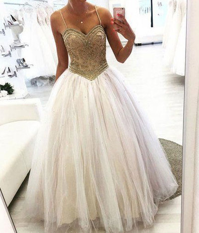 Spaghetti Straps Tulle Prom Dresses with Gold Beaded