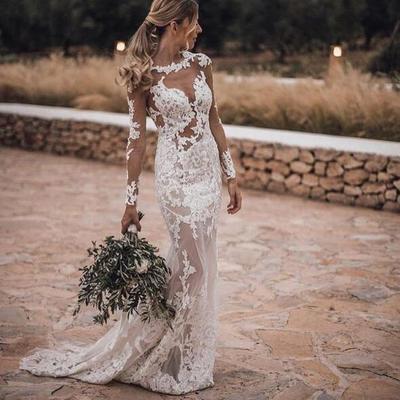 Sexy beach long sleeves mermaid wedding dresses crew neck open back applique lace plus size bohemian bridal gowns - Thumbnail 5