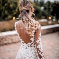 Sexy Beach Long Sleeves Mermaid Wedding Dresses Crew Neck Open Back Applique Lace Plus Size Bohemian Bridal Gowns - Thumbnail 1