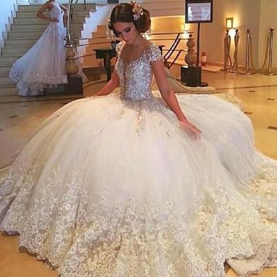 Gorgeous ball gown wedding dresses with short sleeves lace appliqued floor length wedding bridal gown custom made - Thumbnail 5