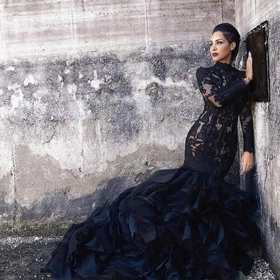 Black mermaid lace wedding dresses with long sleeves high neck ruffles skirt women non white bridal gowns with color couture custom made - Thumbnail 2