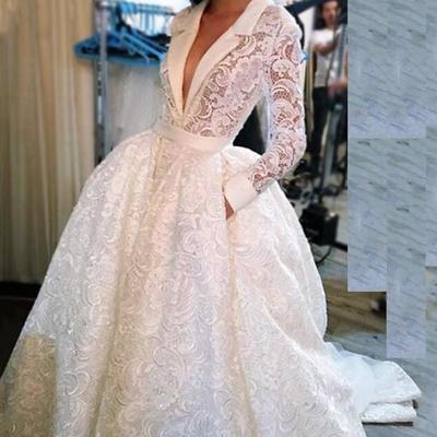 Full lace wedding dress 2019 a line white v-neck bridal gown custom ivory wedding dresses pockets bridal gown long sleeve - Thumbnail 4