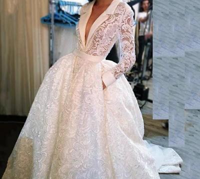 Full Lace Wedding Dress 2019 A Line White V-neck Bridal Gown Custom Ivory Wedding Dresses Pockets Bridal Gown Long Sleeve