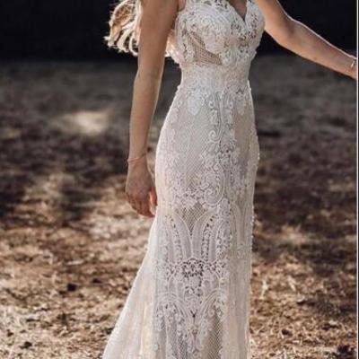 Full lace mermaid wedding dresses v neck cap sleeve bridal gowns bohemian beach garden custom made vestido de novia - Thumbnail 4