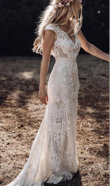 Full Lace Mermaid Wedding Dresses V Neck Cap Sleeve Bridal Gowns Bohemian Beach Garden Custom Made vestido de novia