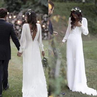 Charming chiffon a line bohemian wedding dresses sexy v neck long sleeves floor length plus size wedding bridal gown vestido de nova - Thumbnail 4