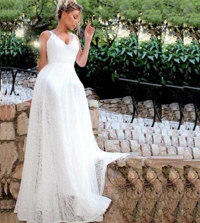 Lace A Line Wedding Dresses 2019 V Neck Sleeveless Bridal Dresses China Sexy Backless Wedding Party Gowns