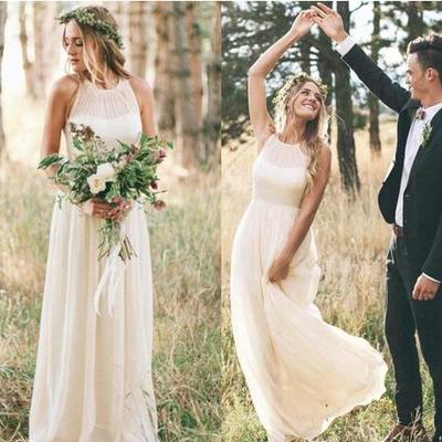 Cheap chiffon a line wedding dresses zipper back jewel neck sleeveless formal party gowns for bride - Thumbnail 4