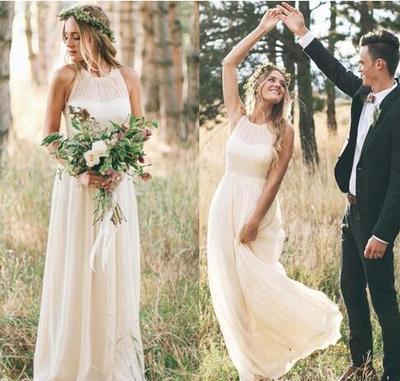 Cheap Chiffon A Line Wedding Dresses Zipper Back Jewel Neck Sleeveless Formal Party Gowns for Bride