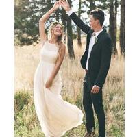 Cheap Chiffon A Line Wedding Dresses Zipper Back Jewel Neck Sleeveless Formal Party Gowns for Bride - Thumbnail 2