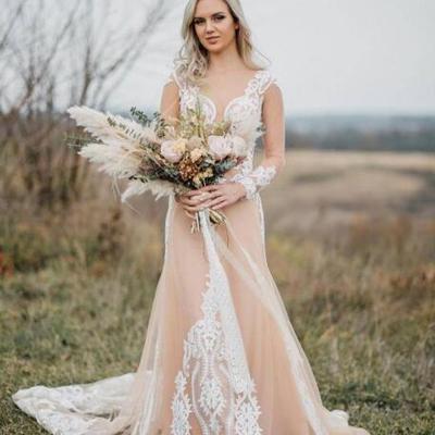 Champagne beach boho wedding dresses a line sweetheart neckline illusion long sleeve tulle sweep train applique lace wedding bridal gowns - Thumbnail 4