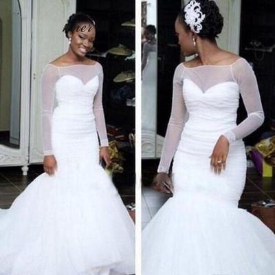 Elegant simple mermaid wedding dresses 2019 pure white tulle plus size court train sheer neck long sleeve bridal wedding gown - Thumbnail 5