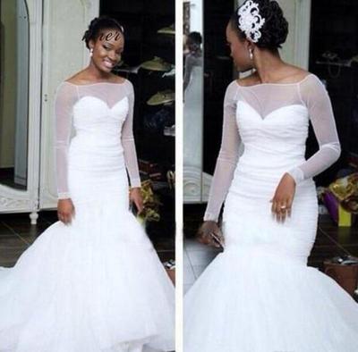 Elegant Simple Mermaid Wedding Dresses 2019 Pure White Tulle Plus Size Court Train Sheer Neck Long Sleeve Bridal Wedding Gown