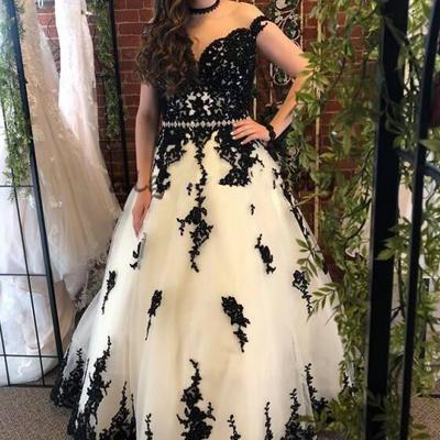  black lace applique white organza a-line wedding dresses capped sleeves sheer neck cathedral train wedding bridal gowns - Thumbnail 3