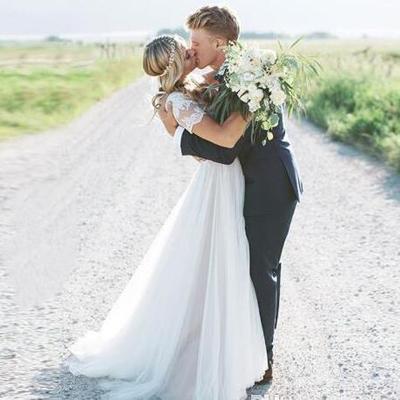 Short sleeves wedding dress scoop lace top a line tulle skirt beach bride dress boho wedding gown - Thumbnail 5