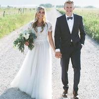 Short Sleeves Wedding Dress Scoop Lace Top A Line Tulle Skirt Beach Bride Dress Boho Wedding Gown - Thumbnail 1