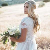 Short Sleeves Wedding Dress Scoop Lace Top A Line Tulle Skirt Beach Bride Dress Boho Wedding Gown - Thumbnail 2