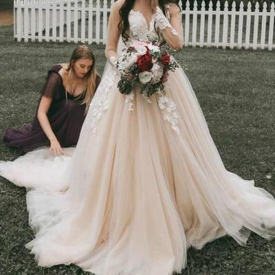  illusion long sleeves wedding gowns sheer neck lace applique sweep train tulle bridal wedding dresses  - Thumbnail 3
