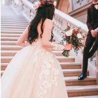  Illusion Long Sleeves Wedding Gowns Sheer Neck Lace Applique Sweep Train Tulle Bridal Wedding Dresses  - Thumbnail 1