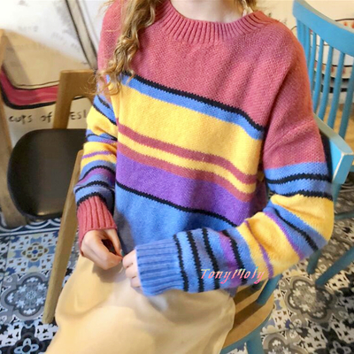 Colorful stripe pullover knit sweater