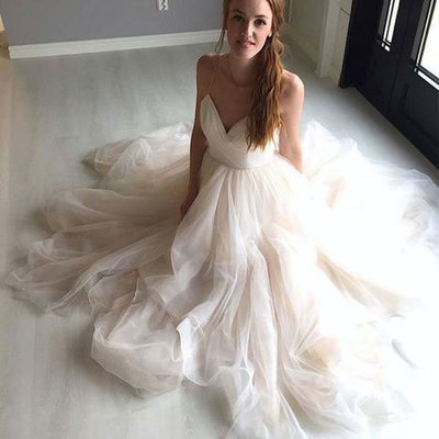 Romantic spaghetti straps long wedding dress bridal gown - Thumbnail 4