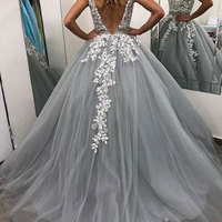 V Neck Tulle Prom Dresses with Appliques Beaded - Thumbnail 1