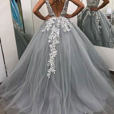 V neck tulle prom dresses with appliques beaded - Thumbnail 5