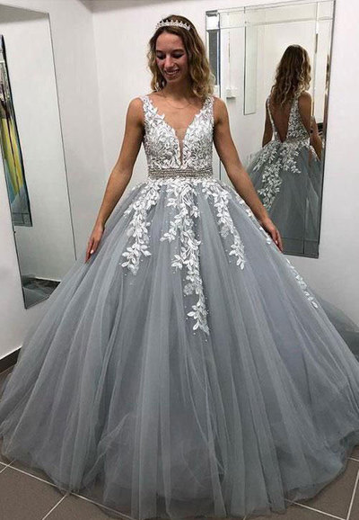 V Neck Tulle Prom Dresses with Appliques Beaded