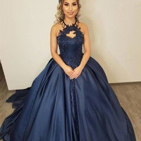 Halter Navy Blue Long Prom Dresses with Appliques - Thumbnail 1