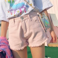 Pastel Pink Fringed Denim Shorts - Thumbnail 1
