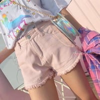 Pastel Pink Fringed Denim Shorts - Thumbnail 2
