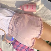 Pastel Pink Fringed Denim Shorts - Thumbnail 3