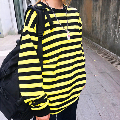 Free Shipping-RETRO YELLOW AND BLACK LONG SLEEVE TEE