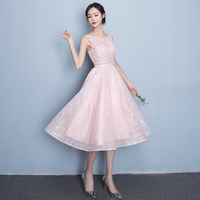 Pink round neck lace short prom dress, lace evening dress - Thumbnail 2