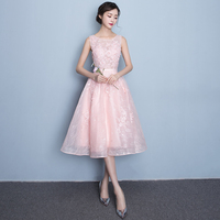 Pink round neck lace short prom dress, lace evening dress - Thumbnail 1